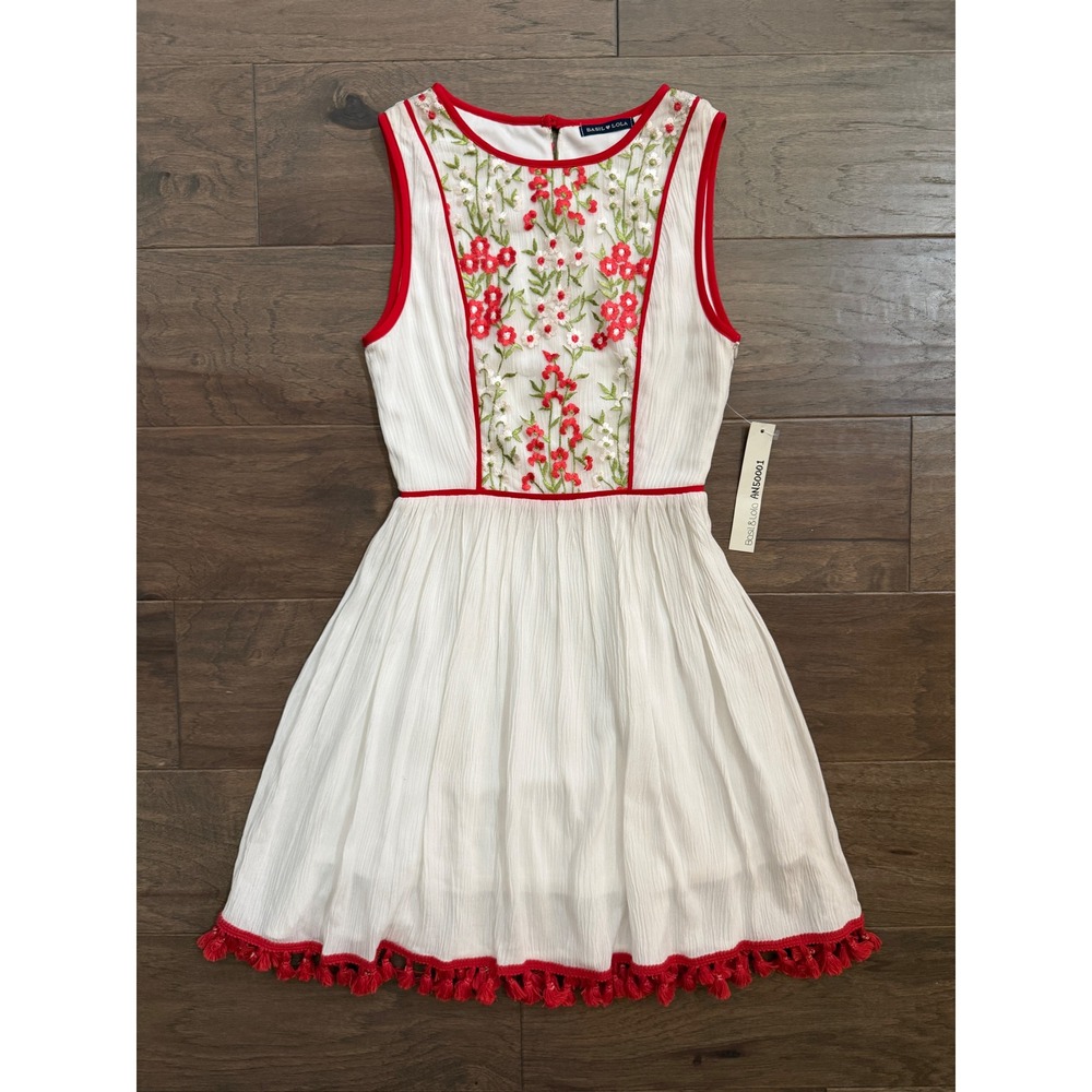 NWT Basil & Lola White Red Floral Embroidered Tassel Hem Sleeveless Dress